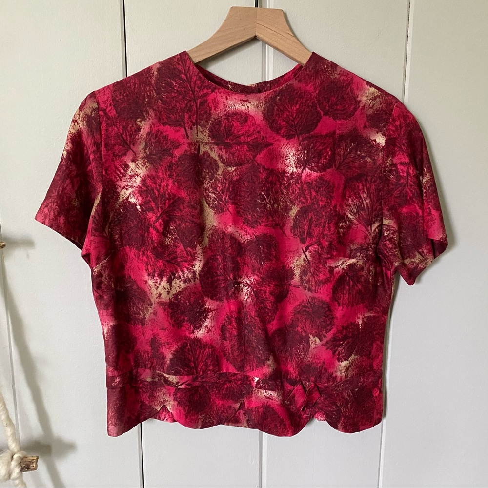 Pink Leaf Patterned Button Up Back Blouse